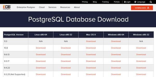 PostgreSQLのダウンロードページ（Windowsの場合）